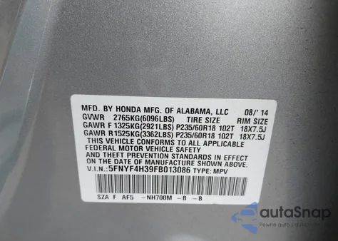2015 Honda Pilot Se из США, поврежденный, VIN 5FNYF4H39FB013086